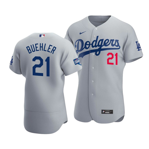 Men's Los Angeles Dodgers #21 Walker Buehler Grey 2020 World Series Champions Patch Flex Base Sttiched MLB Jersey